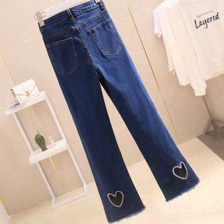 High-waist Heart Embroidered Straight Leg Cropped Jeans