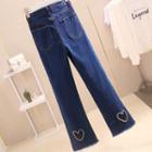 High-waist Heart Embroidered Straight Leg Cropped Jeans