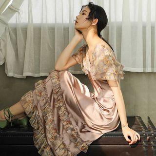 Short-sleeve Floral Print Panel Midi Silk Dress