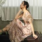 Short-sleeve Floral Print Panel Midi Silk Dress
