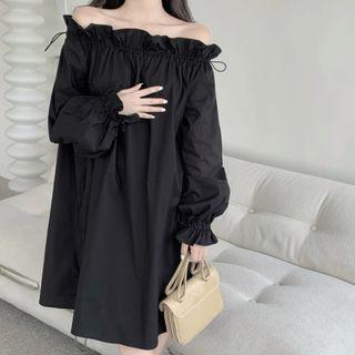 Long-sleeve Off-shoulder Frill Trim Midi Shift Dress
