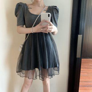 Puff-sleeve Lace Panel Mesh Dress