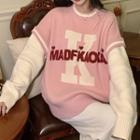 Long-sleeve Lettering Mock Two-piece Knit Top