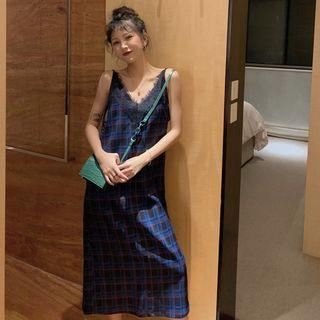 Lace Check V-neck Sleeveless Dress As Figure - One Size