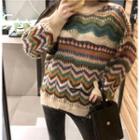 Long-sleeve Pattern Printed Open Knit Top Striped - One Size