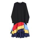 Long-sleeve Ruffle Hem Color Block A-line Dress Black - One Size