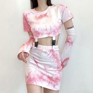 Set: Short-sleeve Lettering Tie-dye Buckled Crop Top + Mini Fitted Skirt + Arm Sleeves