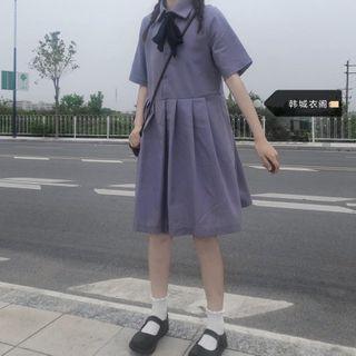 Elbow-sleeve Ribbon Shirt Dress