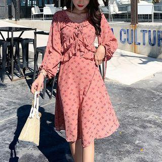 Long-sleeve Floral Print Ruffled Chiffon Dress
