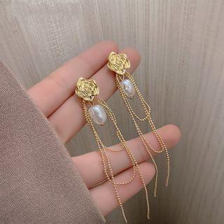 Faux Pearl Floral Chain Drop Earring 1 Pair - Gold & White - One Size