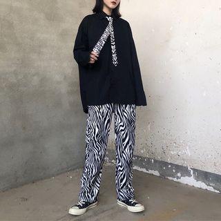 Long-sleeve Shirt With Tie / Zebra Print Straight Fit Pants