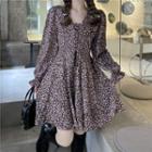 Long-sleeve V-neck Floral Printed Chiffon Dress