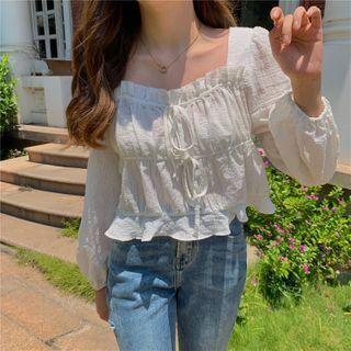 Puff Sleeve Square Neck Ruffled Cropped Blouse
