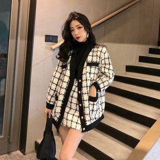 Plaid Button Jacket/ High-waist Mini A-line Skirt