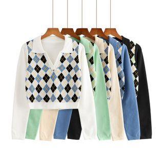 Long Sleeve Collar V-neck Argyle Print Crop Top