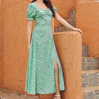 Slit Floral Print Short-sleeve Maxi A-line Dress Cyan - S