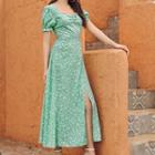 Slit Floral Print Short-sleeve Maxi A-line Dress Cyan - S