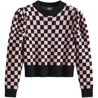 Long-sleeve Checkerboard Knit Crop Top