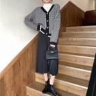 V-neck Houndstooth Cardigan / Pleated Midi A-line Skirt