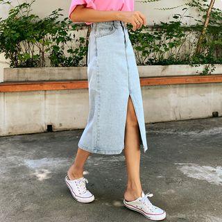 Deep-slit H-line Long Denim Skirt