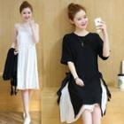 Set: Plain Spaghetti Strap Pleated Midi Dress + Plain Elbow Sleeve T-shirt Dress