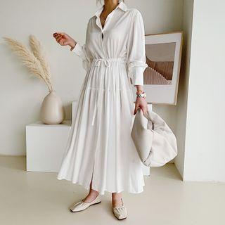 Tie-waist Flared Long Shirtdress Khaki - One Size