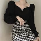 Puff-sleeve Shirt + High-waist Plaid Mini Skirt