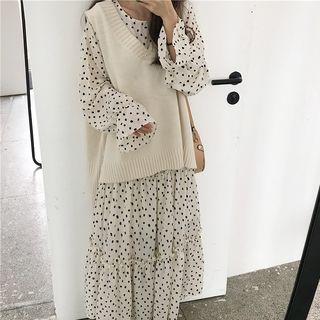 V-neck Knit Vest / Long-sleeve Dotted Maxi Tiered Dress