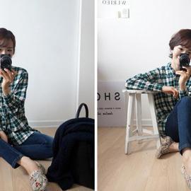 Open-placket Plaid Shirt