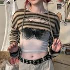 Long Sleeve Striped Distressed Crop Knit Top
