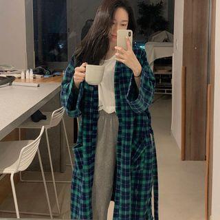 Open-front Checked Robe Cardigan With Sash Green - One Size