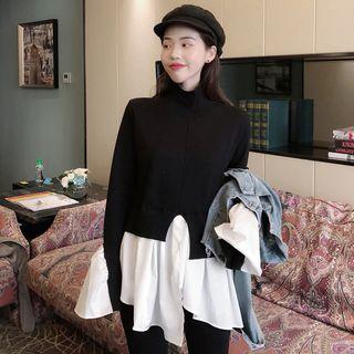 Mock Two-piece Long-sleeve Turtleneck Top Black - One Size