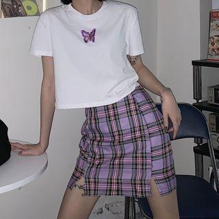 Butterfly Embroidered Short-sleeve Cropped T-shirt / Plaid Pencil Skirt