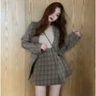 Double-breasted Plaid Blazer / Mini Skirt / Long-sleeved T-shirt