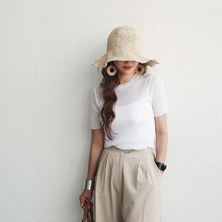 Crew-neck Linen Blend Rib Knit Top