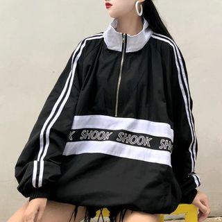 Lettering Contrast Trim Half Zip Pullover