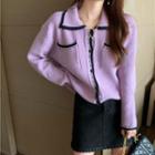 Lapel Contrast Trim Long-sleeve Cardigan Purple - One Size