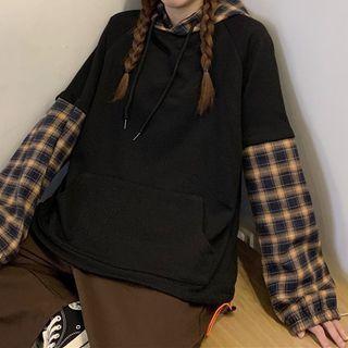 Mock Two-piece Long-sleeve Plaid Hoodie