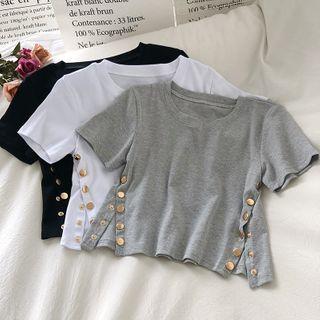Plain Side-slit Short-sleeve Crop Top