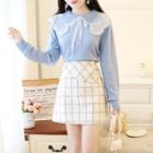 Set: Lace-trim Knit Top + Buttoned Check Skirt