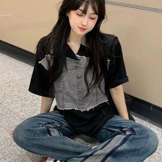 Short-sleeve Two Tone Frayed Denim Shirt