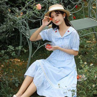 Short-sleeve Embroidered Bow Sailor Collar Midi A-line Check Dress
