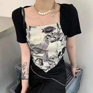 Short-sleeve Print Mock Two-piece Knit Top