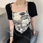 Short-sleeve Print Mock Two-piece Knit Top