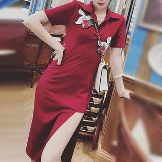 Embroidered Short-sleeve Asymmetric Polo Dress