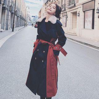 Faux Fur Trim Two-tone Double-breasted Trench Coat