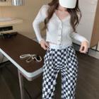 Ruffle Ribbed Knit Cropped Sweater / Checkered Wide-leg Pants