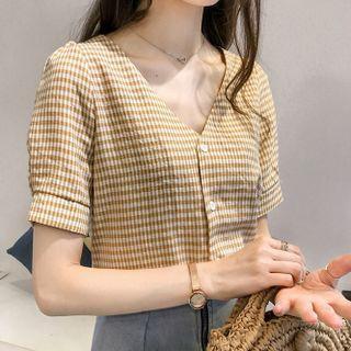 Short-sleeve V-neck Gingham Check Blouse