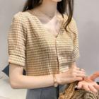 Short-sleeve V-neck Gingham Check Blouse