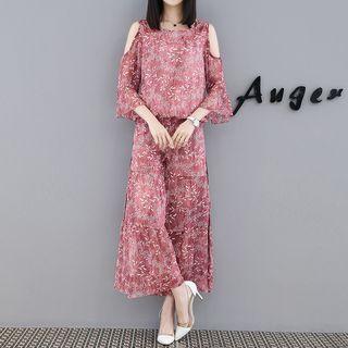Set: 3/4-sleeve Chiffon Top + Wide-leg Pants
